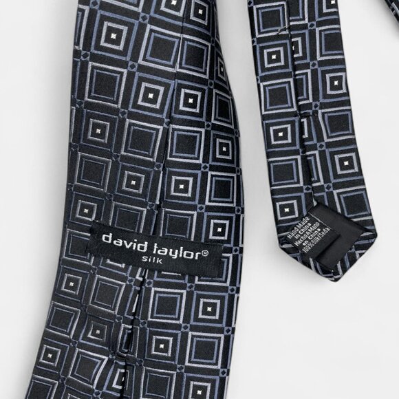 David Taylor Silk Tie Geometric Cubes Silver Black Formal Business Dress - Picture 4 of 6